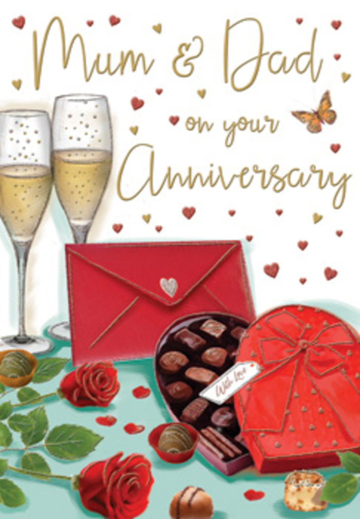 The anniversary card scene is illustrated with the kind of detail a local New Barnet florist might notice when setting a table for a special family milestone. Dominating the foreground, an open heart-shaped box of chocolates reveals a careful assortment of glossy truffles, each nestled in its own little paper cradle, their rounded tops catching soft highlights that make them look irresistibly smooth. A rich red satin bow curls across the lid and spills onto the tabletop, its texture almost tangible, echoing the deep scarlet of the roses placed just beside it. Those roses are rendered with layered petals, spiralling out from their centres in velvety folds, surrounded by fresh, mid-green foliage that suggests they could have been picked up that afternoon from a nearby shop on Station Road. Behind them, two elegant champagne flutes stand together, slightly angled towards each other as if mid-conversation, filled with pale golden champagne where tiny bubbles gather and rise, bringing a sense of quiet celebration and shared history. Around these focal elements drift gold and crimson hearts, some solid, some softly transparent, creating a gentle halo of romance across a warm, cream-toned background. Delicate hand-lettered script, including affectionate words for "Mum & Dad," weaves between the decorative accents, giving the impression of a card chosen thoughtfully for parents whose love has anchored a family through the years. A bright red envelope, lying nearby and sealed, adds one more note of anticipation, like a love letter waiting to be opened after dinner in a home off Gloucester Road. The whole illustration glows with a soft, celebratory light, blending the indulgence of chocolates, the fragrance of roses, and the sparkle of champagne into a single, heartwarming anniversary moment.