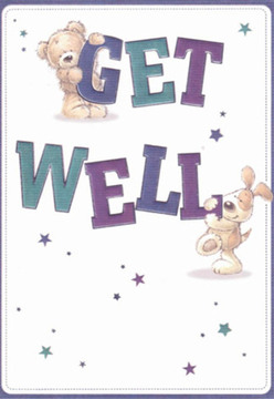 This charming get well card, illustrated with affection, brings together the nurturing spirit of New Barnet and the comfort of a heartfelt wish. A cuddly bear clings gently to the upper curve of the word 'GET,' while a spirited puppy presses its nose against the bold 'WELL,' forming a united front of encouragement. Their rounded forms and wide-eyed expressions invite an instant sense of emotional warmth, reminiscent of the thoughtful bouquets often prepared by local florists for delivery along Mays Lane. Deep shades of purple and teal bring the letterforms to life, weaving a thread of vibrancy across a clean white background that echoes the clarity and freshness our community values, especially in moments of healing. Scattered across the card are twinkling stars in rich cobalt and lavender, like little tokens of hope drifting above East Barnet's rooftops. The detailed textures of the bear's cozy fur and the puppy's floppy ears make the animals feel tangible, the way a handful of fresh stems might bring comfort with their presence alone. Each element is arranged with the gentle precision New Barnet Florist brings to every get well bouquet-layering visual care into a panorama of supportive energy. This design captures the joyful reassurance found in the heart of our neighbourhood: whether sent to a friend recovering near New Barnet station or tucked beside a vase of fresh flowers, it radiates lightness, sincerity, and a nurturing spirit unique to our local area.