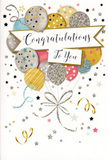 In this image, a refined congratulations card is propped up as if ready to accompany a celebratory bouquet on a New Barnet sideboard. The design centres on a buoyant bouquet of balloons, illustrated with the care and layering a florist might use when arranging flowers. The balloons are full and glossy, overlapping gently in a cascade of soft metallic shades-antique gold, champagne, silver, sky blue, blush pink, and muted grey. Each one bears its own decoration: tiny scattered stars that glitter delicately, subtle stripes that encircle the curves, or a dusting of fine, sparkling texture that suggests raised glitter when viewed up close. Their slender strings, drawn in shimmering tones of gold and silver, twist and intertwine as they fall, reminiscent of curling ribbon snipped with scissors in a New Barnet workshop. Around the central cluster, small stars, dots and curly festoon shapes drift across a light, neutral background, recreating the carefree feeling of confetti swirling in the air after good news. A banner sweeps across the middle of the artwork, holding the phrase "Congratulations To You" written in elegant, flowing script, giving the design a timeless, heartfelt character. The overall composition is light yet emotionally full, conveying pride, joy, and the sense that this is a moment to remember-perhaps a graduation celebrated near Tudor Park, a promotion, or a personal milestone. Subtle metallic highlights appear to catch the light, making the card feel almost tactile, and perfectly suited to sit beside fresh blooms to complete a thoughtful, locally curated gift.