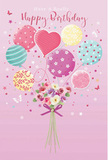 This birthday design depicts a floating celebration of balloons and blooms, as if a bouquet has gently lifted off from a New Barnet doorstep and begun to drift skyward. At the top, pastel balloons gather in a joyful cluster: delicate pinks, soft greens, mellow yellows, and hints of lavender, each finished with playful patterns that include candy-like stripes, scattered polka dots, and swirled ribbon effects. The balloons overlap and shine softly, as though illuminated by natural daylight after a shower over nearby Victoria Park, creating a pleasing mix of translucency and gloss. Below, a hand-tied bouquet of dainty flowers serves as the anchor, brimming with roses and anemone-style blossoms in creamy ivory, blush pink, and gentle mauve. The petals look plush and feathery, curving inward with the grace of fresh-cut blooms arranged that same morning. Their green stems gather into a neat bundle, secured by a violet satin bow whose sheen and flowing tails add a touch of elegance. Around the arrangement, subtle stars and small butterfly accents are scattered like tiny birthday wishes, giving the scene a magical, celebratory aura. The whole composition feels airy and light, balancing whimsy with a polished, artistic finish, much like a card you might choose from a trusted New Barnet florist to send warm, joyful birthday greetings that feel both personal and beautiful.