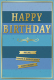This birthday card portrays a calm yet festive scene, as if it has been designed for a peaceful morning celebration in New Barnet. The background is composed of broad, horizontal stripes in varying shades of blue, moving from a strong, deep navy at the top to progressively softer and lighter blues toward the bottom. The stripes blend into one another with an ombré effect that feels gentle and balanced, similar to watching the sky brighten over New Barnet's tree-lined streets. Centered near the top, the phrase "HAPPY BIRTHDAY" appears in large, embossed gold capital letters. The metallic finish has a soft sheen rather than a harsh glitter, giving the card an elegant and timeless quality. Beneath the main greeting lies a delicate golden flourish, a symmetrical motif that separates the headline from the sentiment below and adds a sense of refinement, like a flourish on a handwritten note. In the lower third of the card, three gold banners are neatly arranged in a vertical stack. Each ribbon contains a portion of the warm birthday message, together expressing: "Relax, have a great day and enjoy!" The gold of the text, banners, and flourish is echoed in a fine border that frames the card, enclosing the layered blues in a tidy, luxurious outline. You might imagine this thoughtful card propped beside a vase of fresh birthday flowers delivered to a home near Brunswick Park, the blue tones complementing soft seasonal blooms. The overall impression is one of serene celebration, designed for someone who appreciates calm beauty and kind, carefully chosen words.